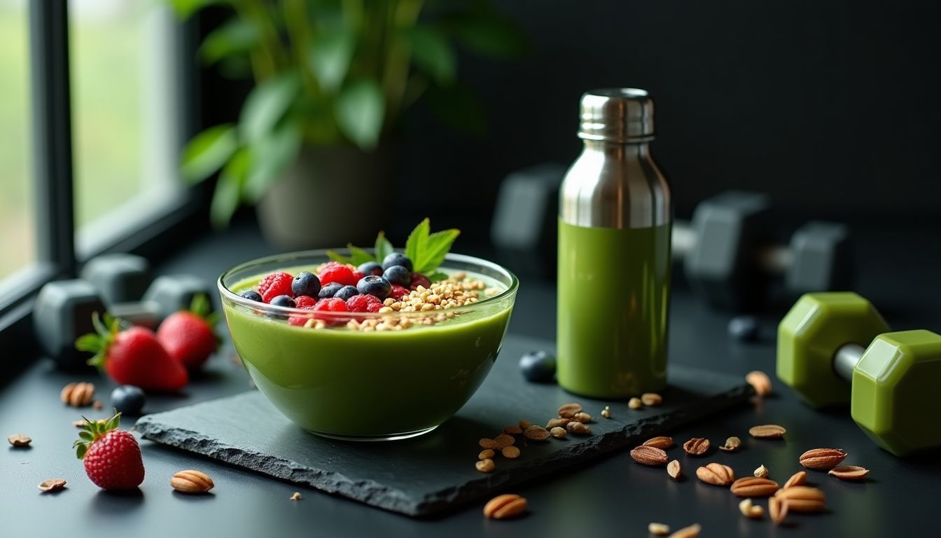 Fresh green smoothie bowl with berries, nuts and a steel water bottle on dark slate — nutrition and hydration guidance