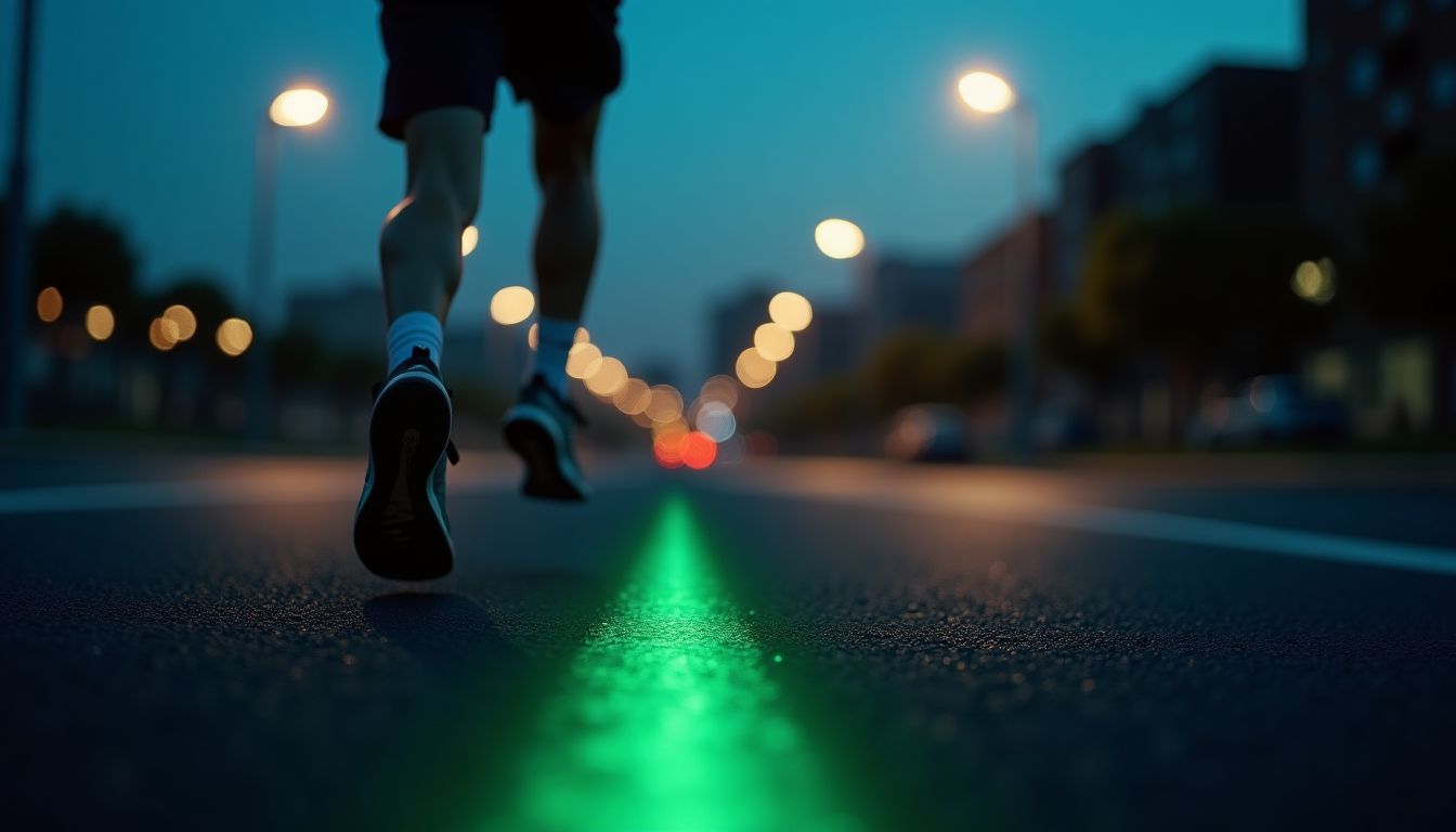 Runner striding across a dark track at dusk with city lights and lime motion trails — cardio and running guide