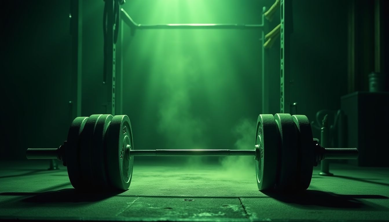 Barbell with weight plates in a dark gym, chalk dust lit by a lime-green rim light — strength training guide